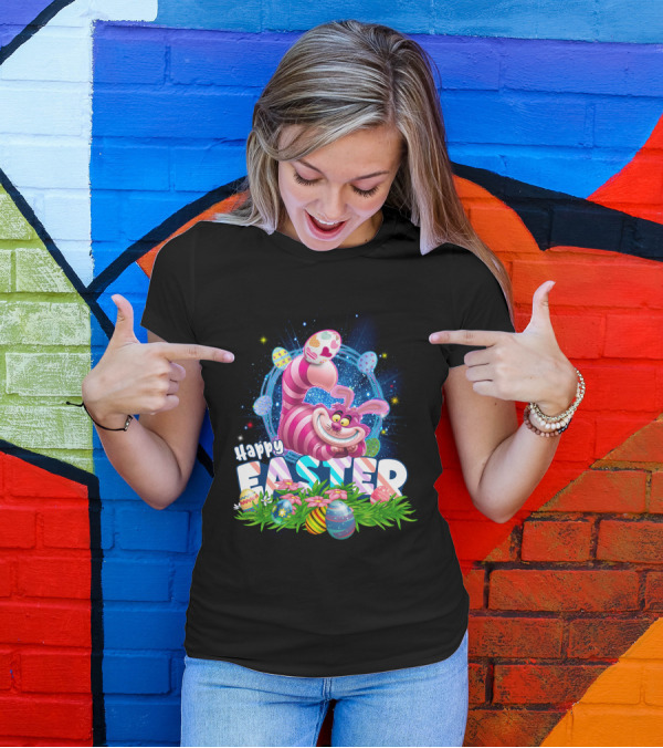 Cheshire Cat Happy Easter Eggs And Flowers T-Shirt