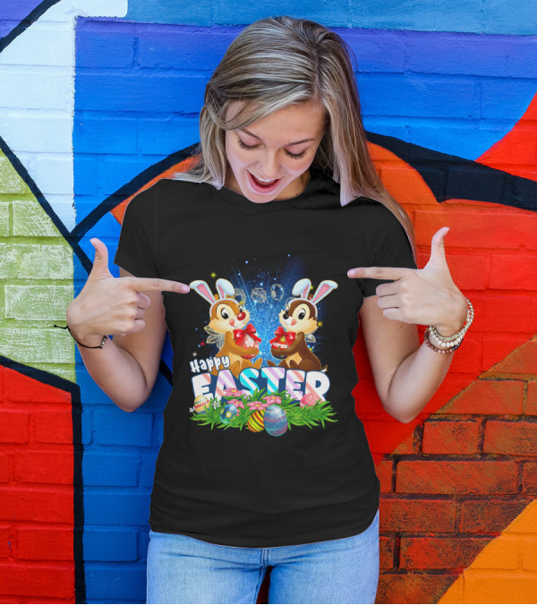 Chip Dale Happy Easter With Bunny Ears And Colorful Eggs T-Shirt