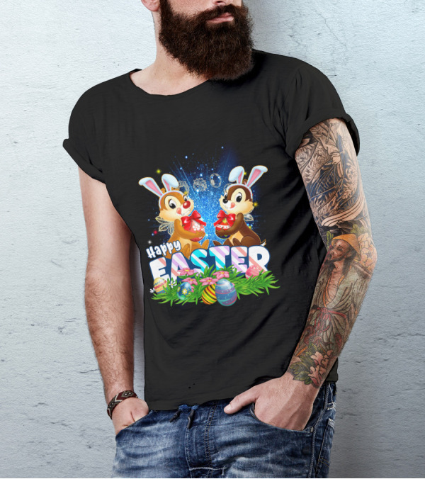 Chip Dale Happy Easter With Bunny Ears And Colorful Eggs T-Shirt