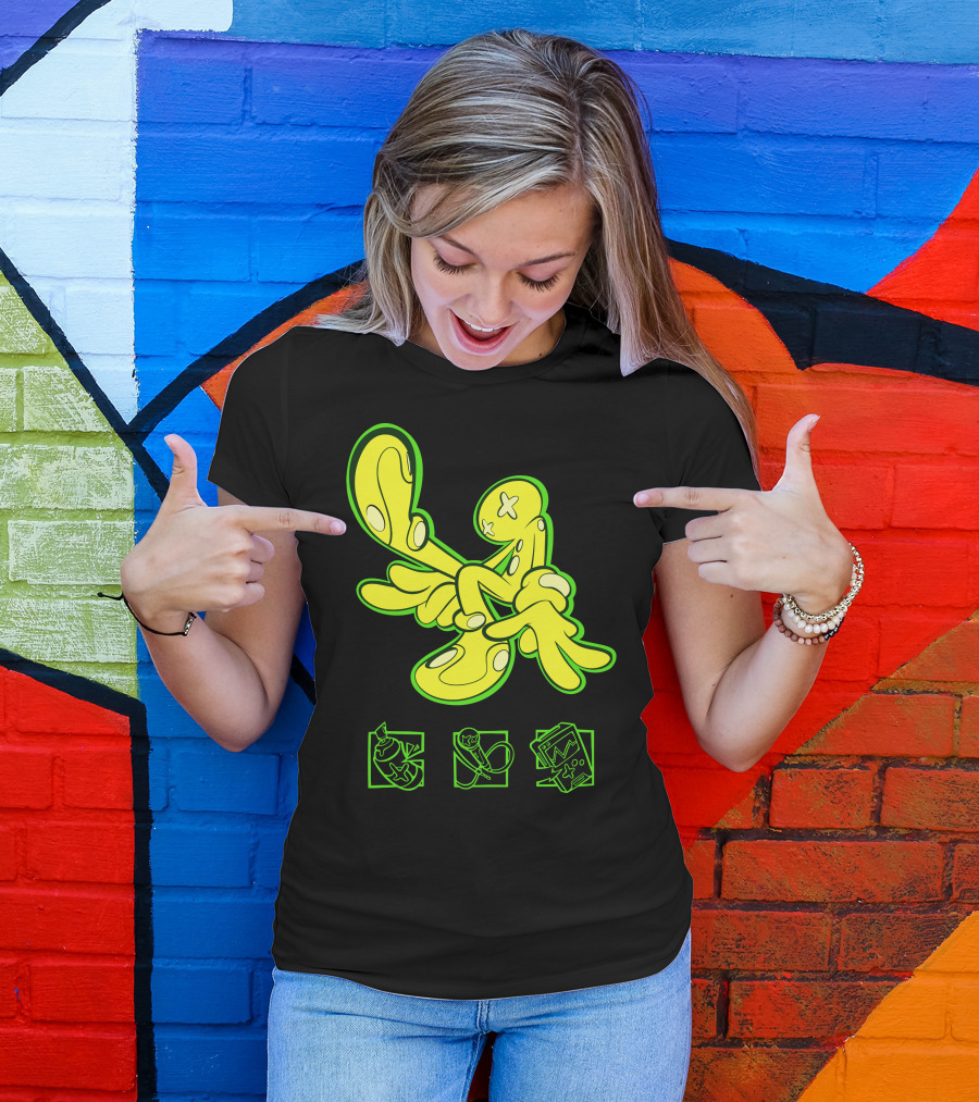 OFFCANNY Neon Cartoon Figure With Iconic Symbols T-Shirt