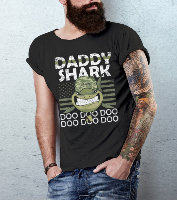 U.S. Army Daddy Shark Doo Doo Doo With American Flag And Military Hat T-Shirt