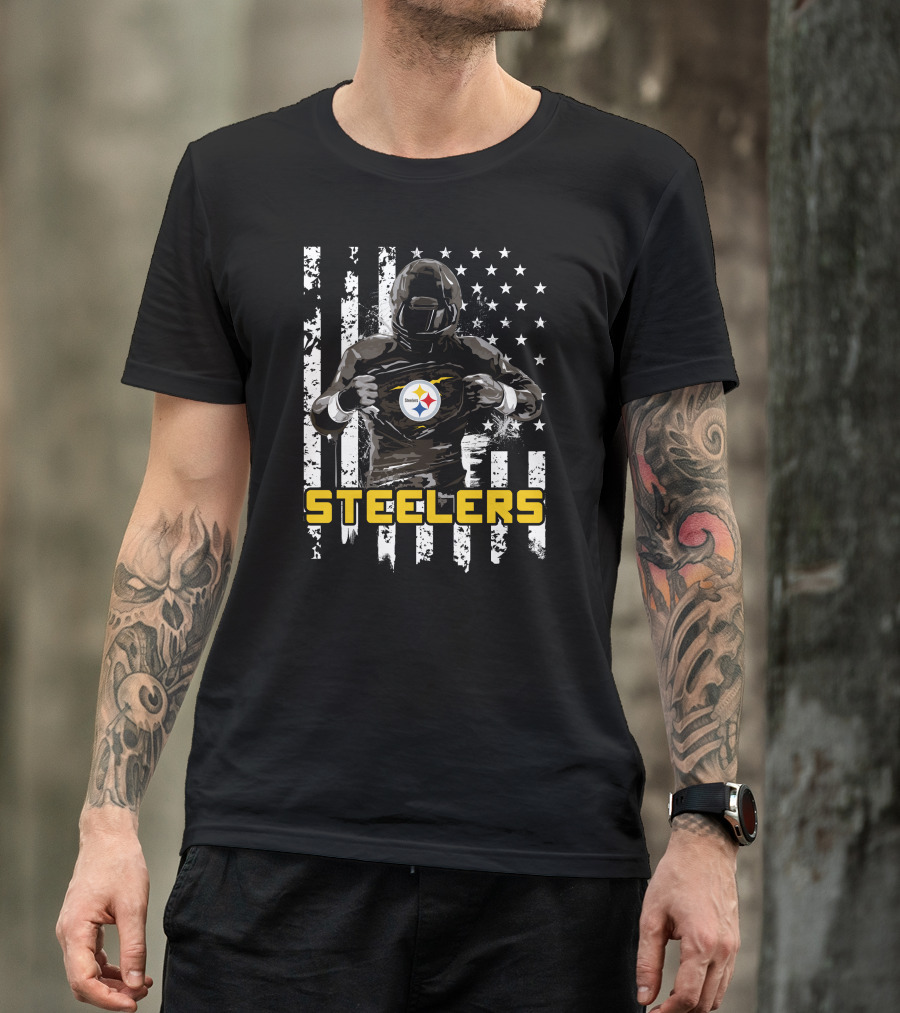 Steelers Player Emblazoned Over Distressed American Flag Iconic T-Shirt