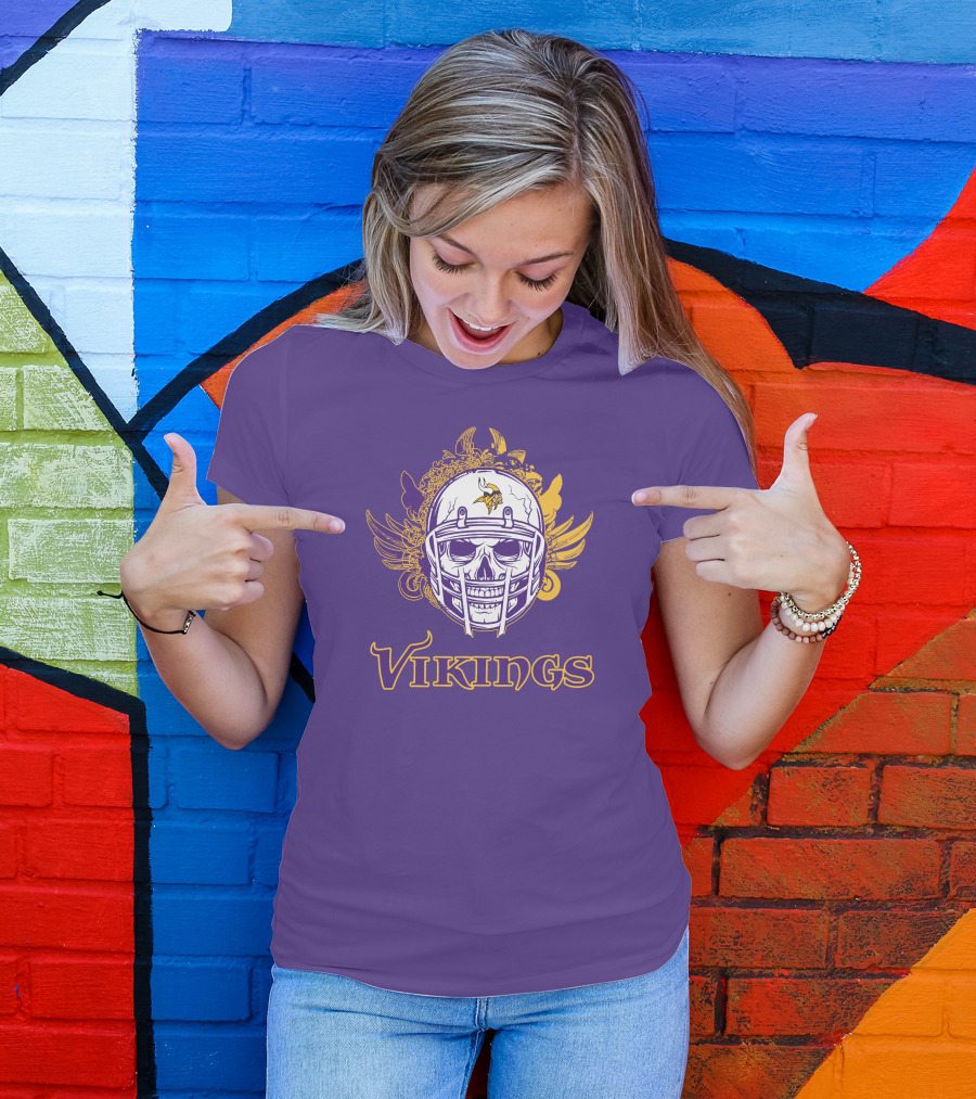 Vikings Skull Helmet With Purple And Yellow Wings T-Shirt