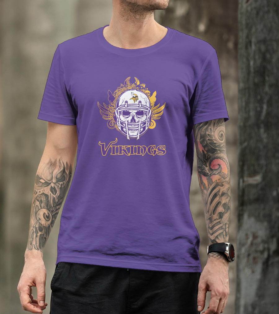 Vikings Skull Helmet With Purple And Yellow Wings T-Shirt