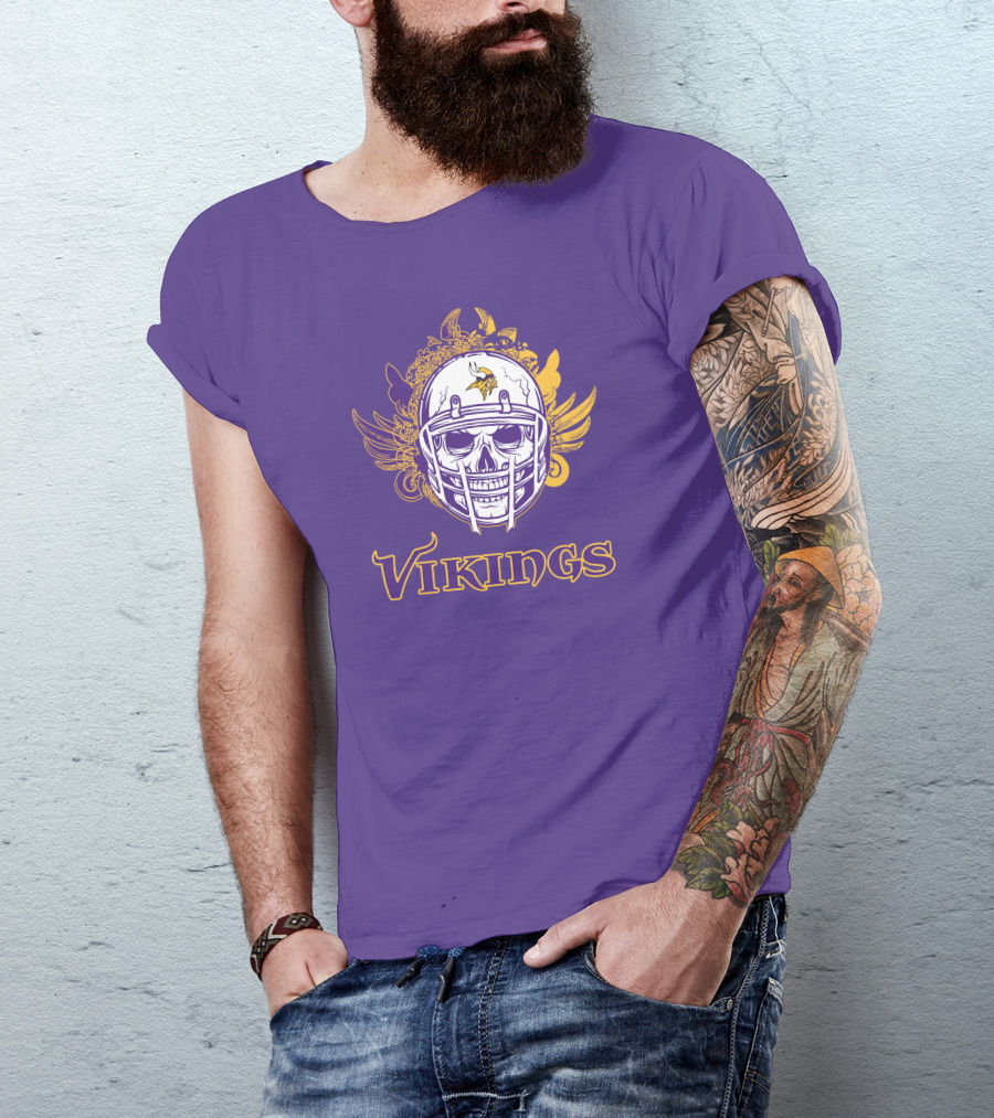 Vikings Skull Helmet With Purple And Yellow Wings T-Shirt