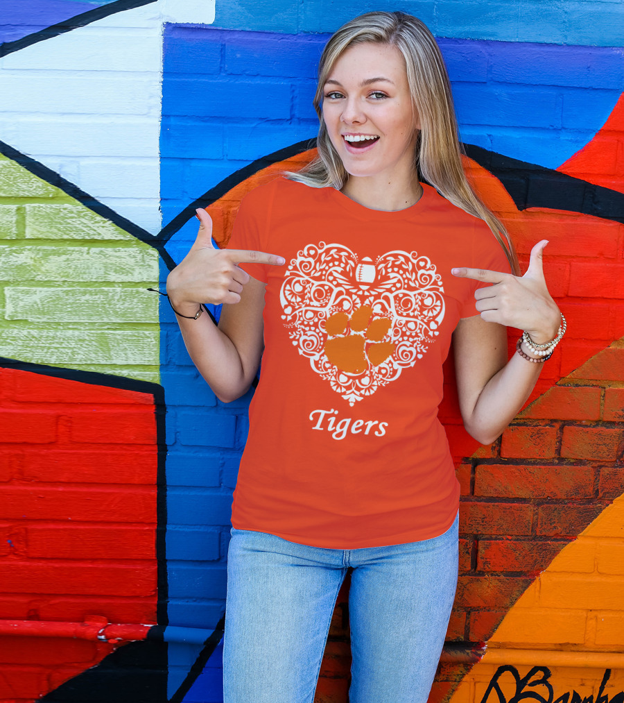 Heart-Shaped Design With Clemson Tigers Paw And Football Elements T-Shirt