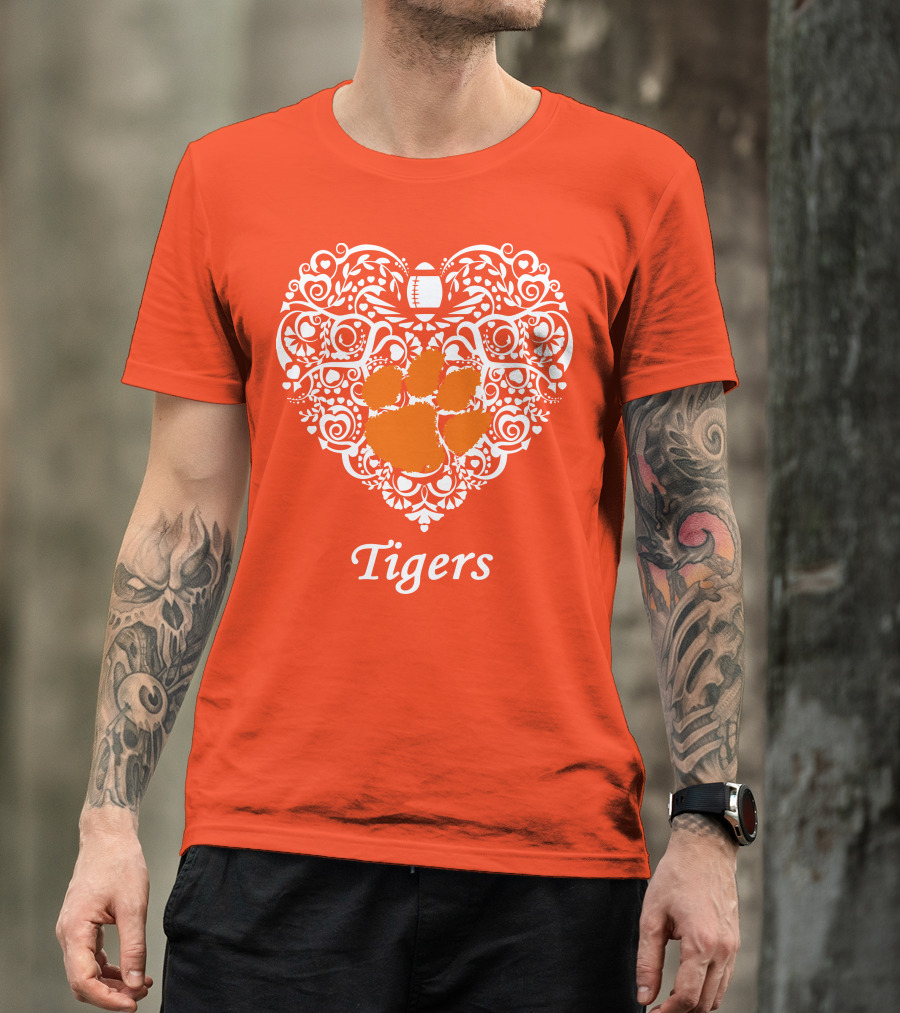 Heart-Shaped Design With Clemson Tigers Paw And Football Elements T-Shirt