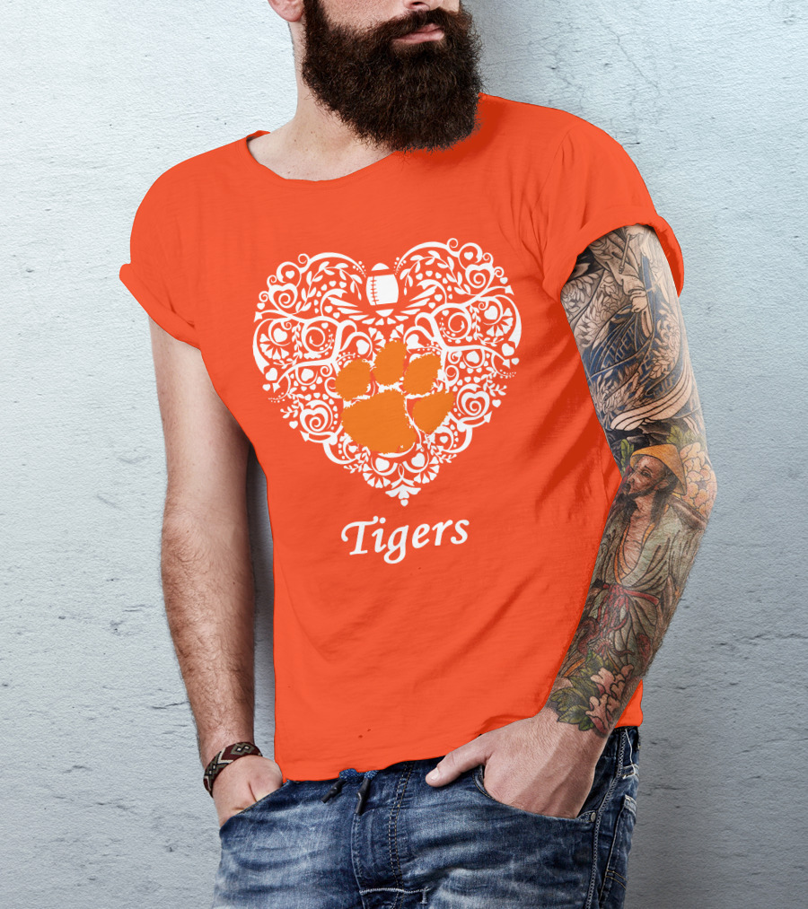 Heart-Shaped Design With Clemson Tigers Paw And Football Elements T-Shirt