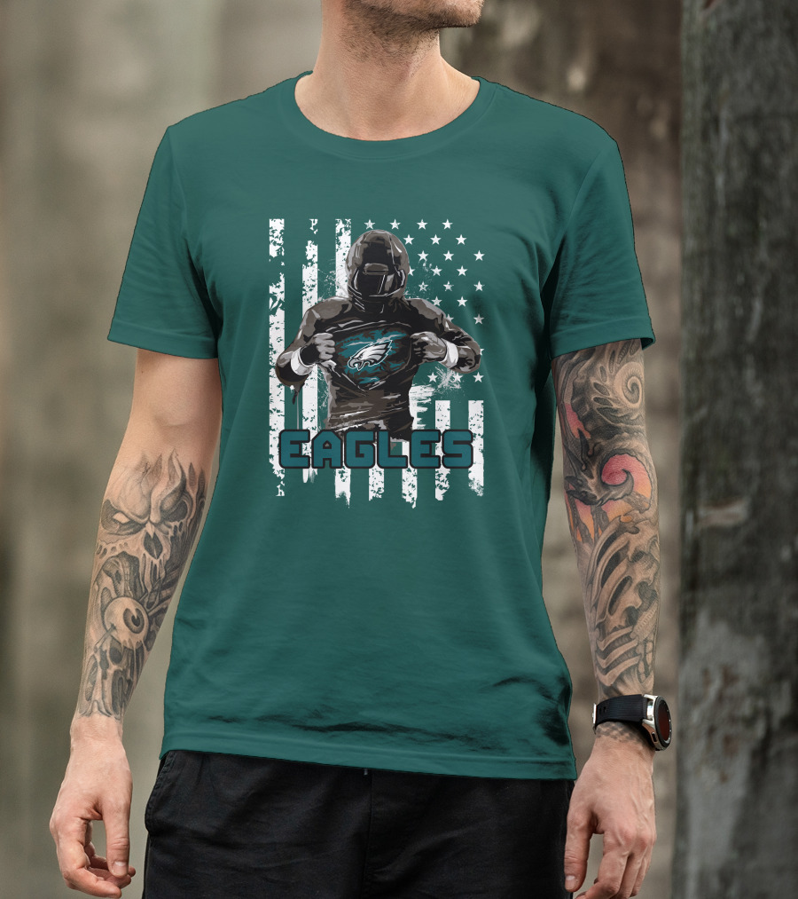 Philadelphia Eagles Football Hero With American Flag Background T-Shirt
