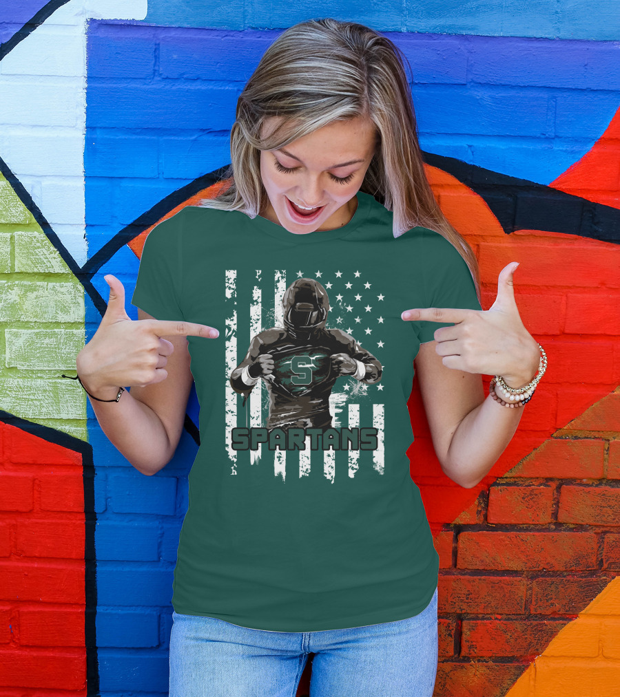 Spartans Player With S Emblem And American Flag Background T-Shirt