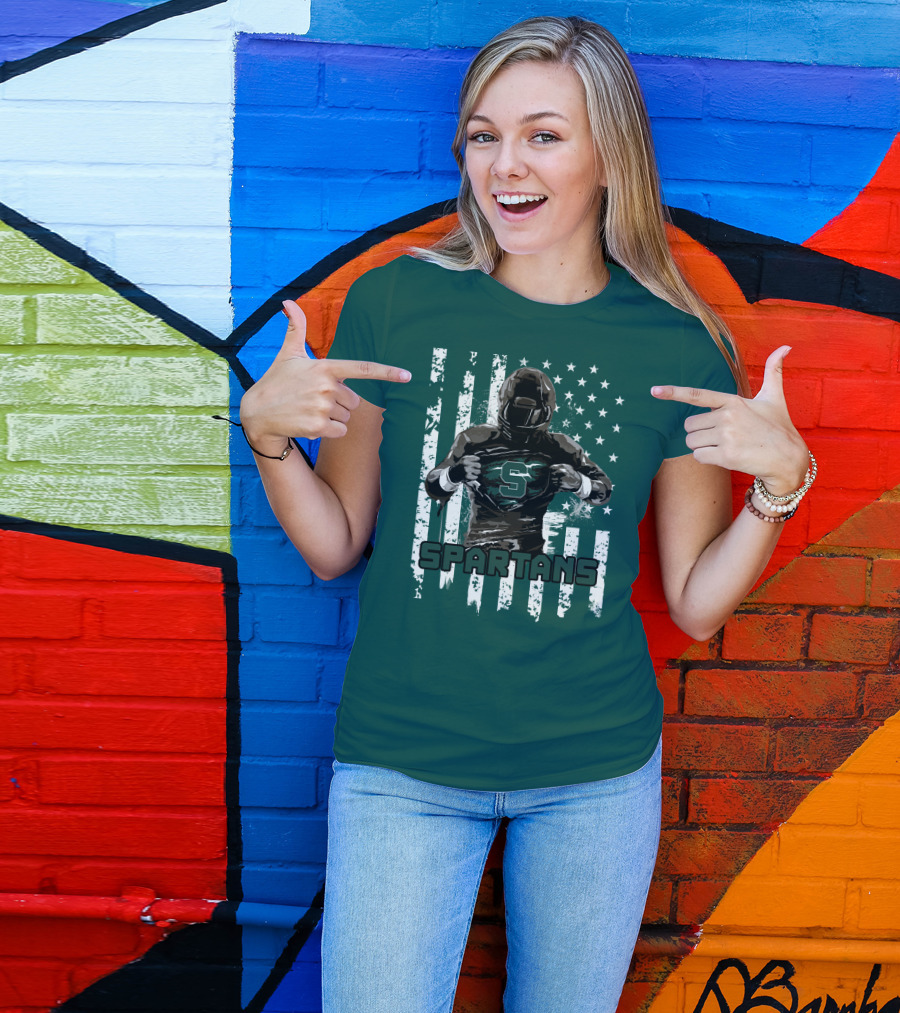 Spartans Player With S Emblem And American Flag Background T-Shirt