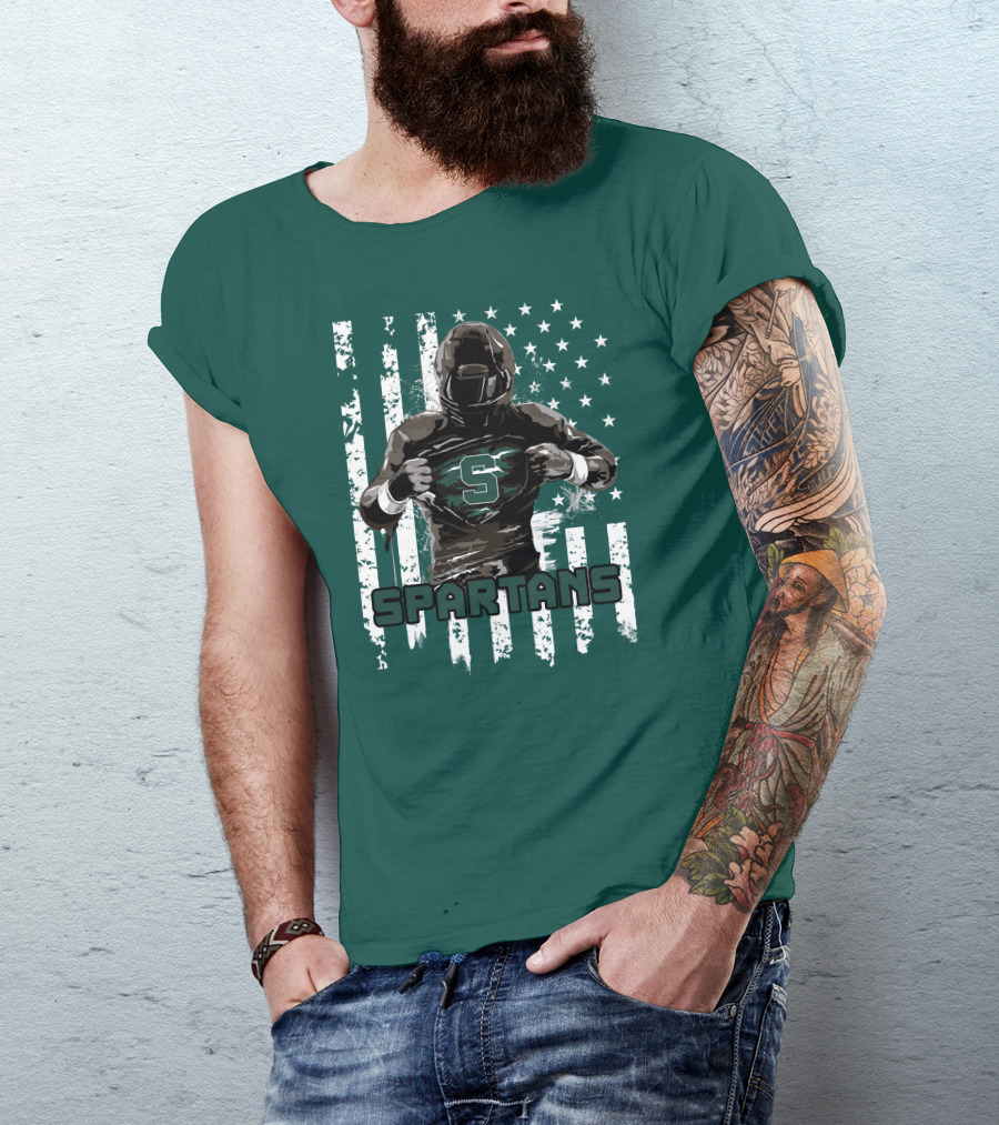Spartans Player With S Emblem And American Flag Background T-Shirt