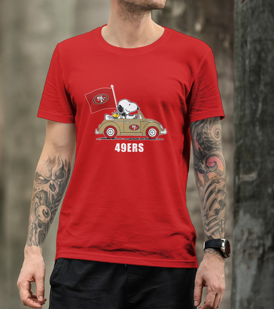 San Francisco 49ers Snoopy Driving Car With Sf Flag T-Shirt
