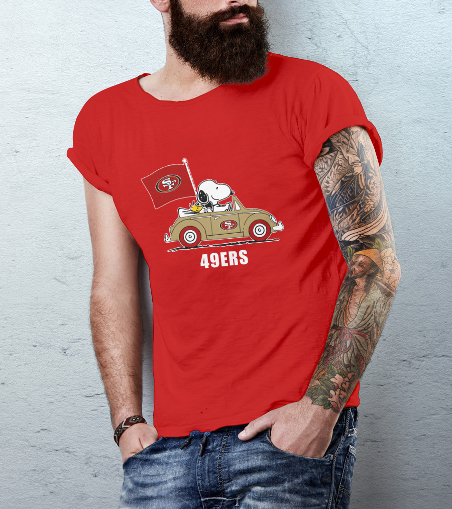 San Francisco 49ers Snoopy Driving Car With Sf Flag T-Shirt