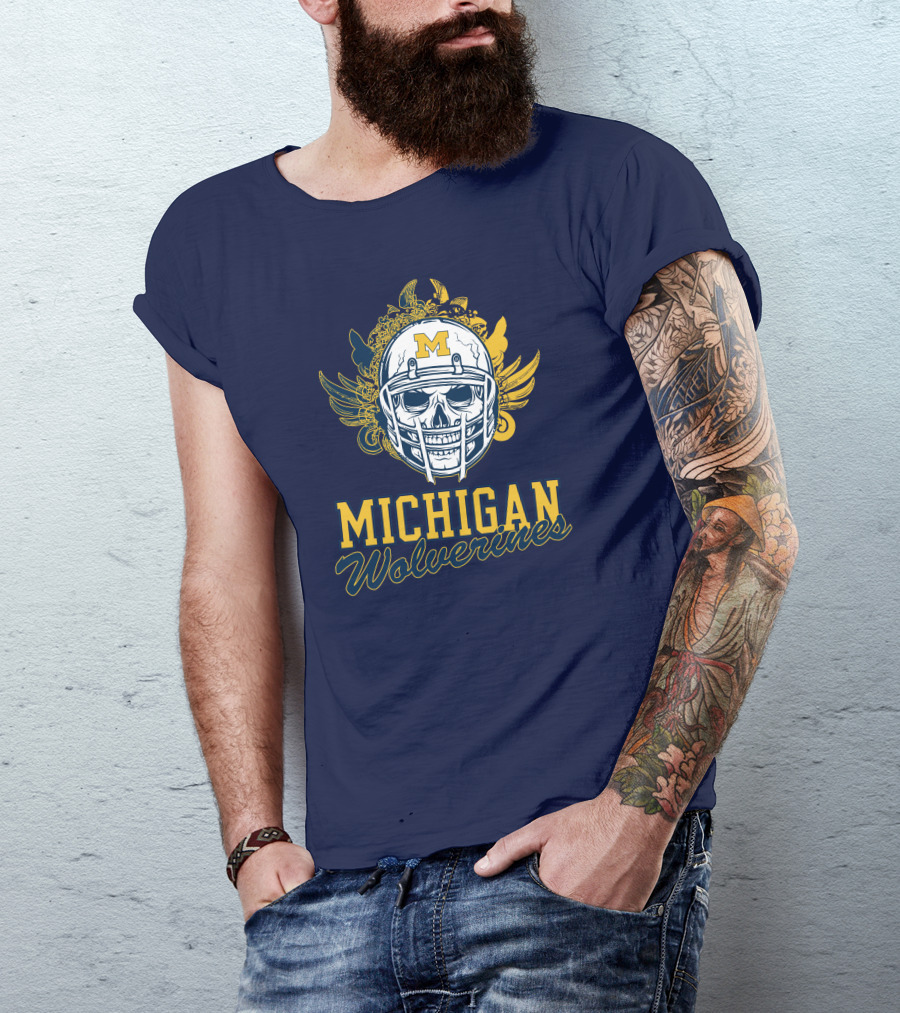 Michigan Wolverines Skull Helmet With Floral Wings T-Shirt