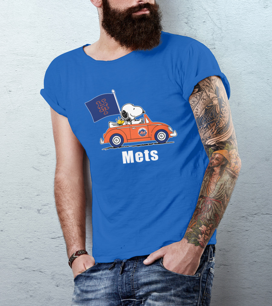 Mets Snoopy Driving With Woodstock And Flag T-Shirt