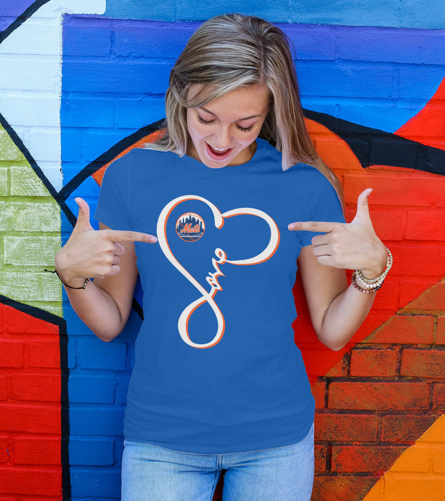 New York Mets Love Script With Heart Outline T-Shirt