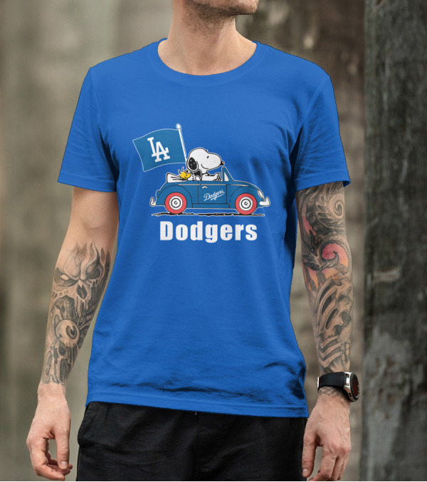 Dodgers Snoopy Woodstock Driving Car LA Flag T-Shirt