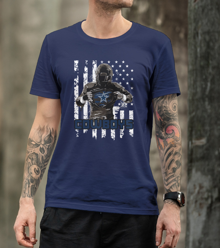 Cowboys Star Emblem On Player American Flag Background T-Shirt