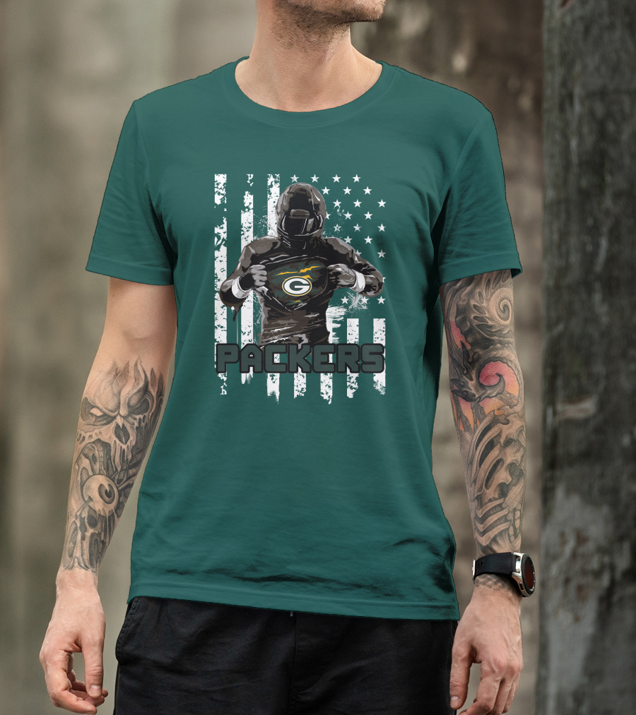 Packers Player With Flag Background And Green Bay T-Shirt