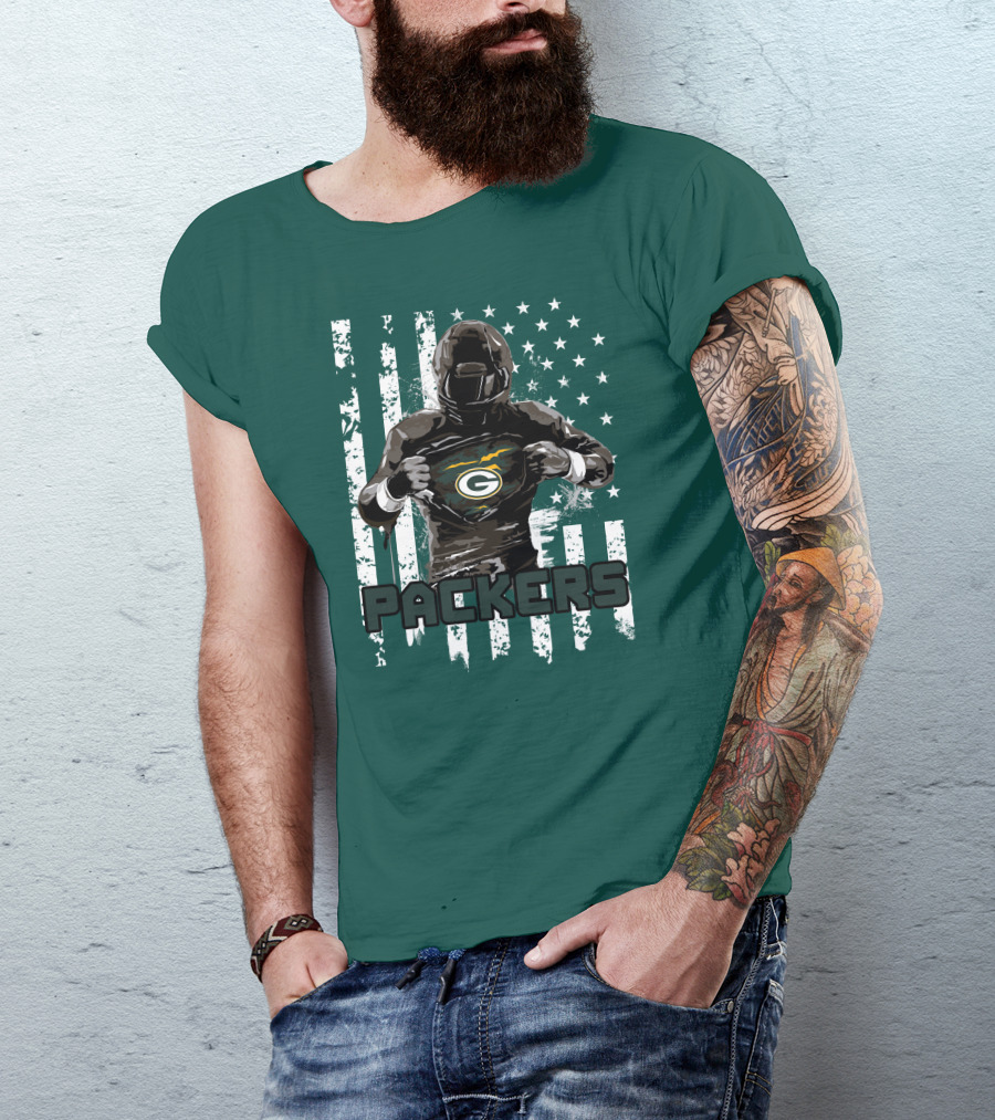 Packers Player With Flag Background And Green Bay T-Shirt