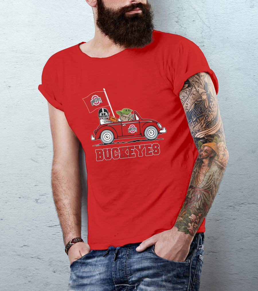 Ohio State Buckeyes Darth Vader Baby Yoda Driving Star Wars Car With Flag T-Shirt