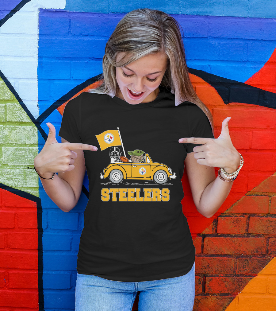 Pittsburgh Steelers Darth Vader Baby Yoda Driving Steelers Car T-Shirt
