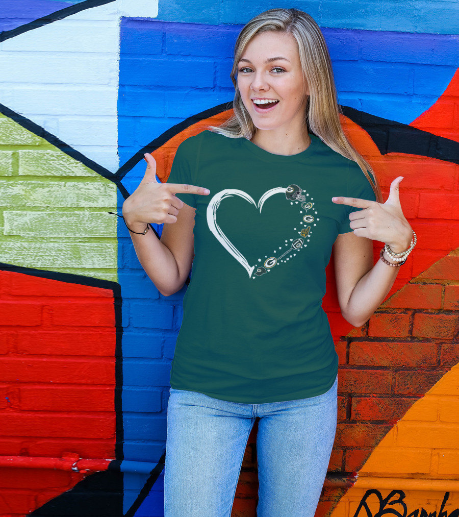 Green Bay Packers Heart With Logos And Helmet T-Shirt