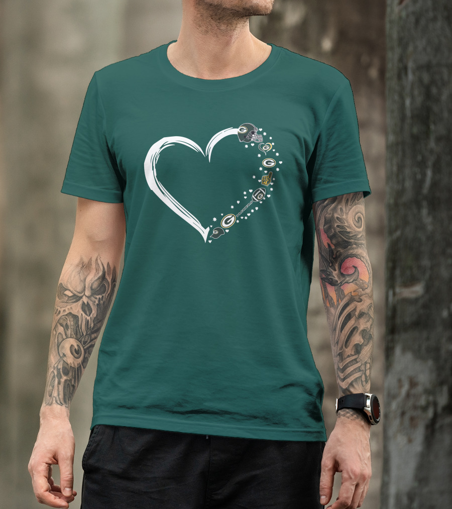 Green Bay Packers Heart With Logos And Helmet T-Shirt