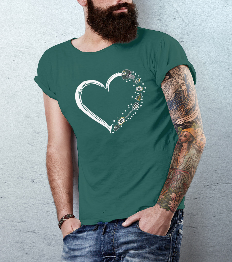 Green Bay Packers Heart With Logos And Helmet T-Shirt