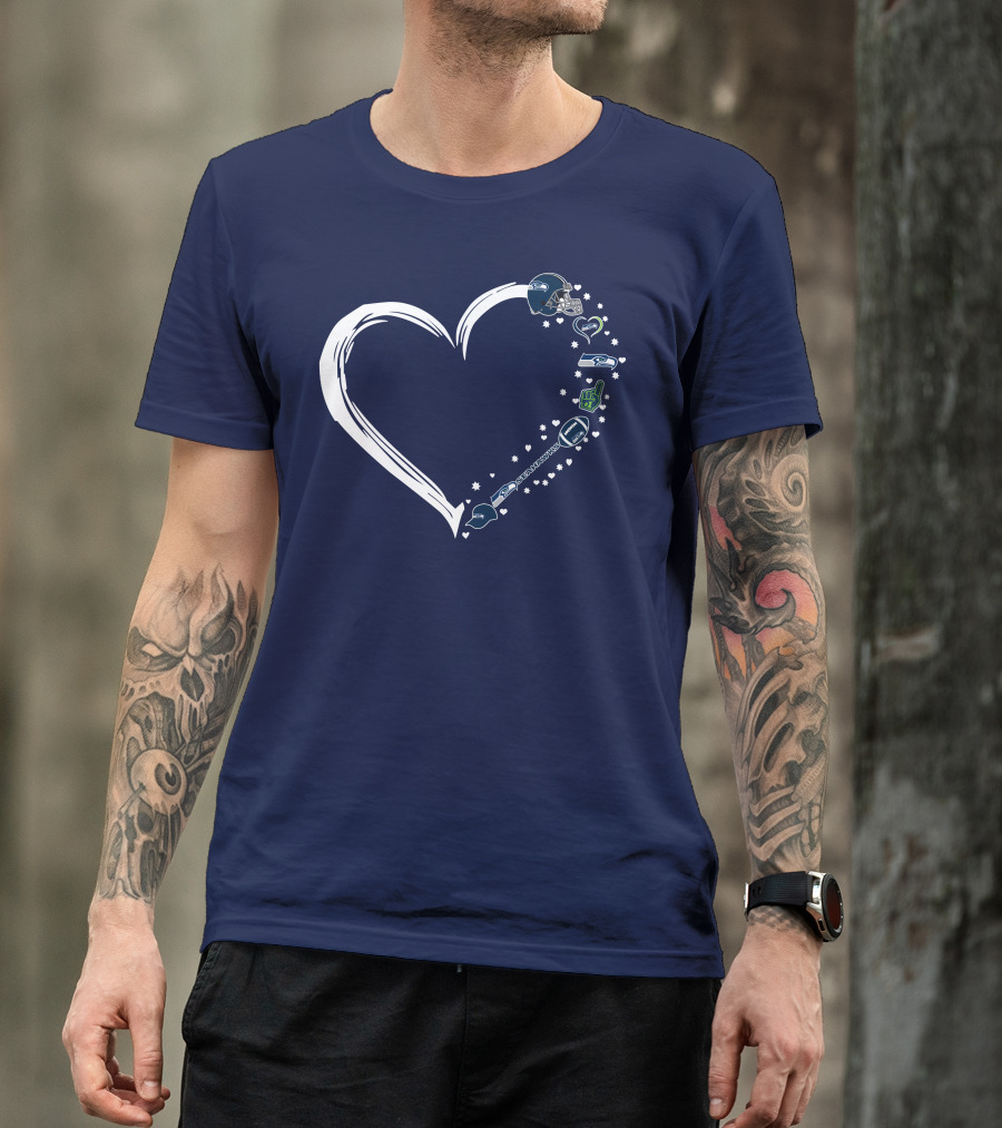 Seattle Seahawks Love Heart With Helmet And Football Symbols T-Shirt
