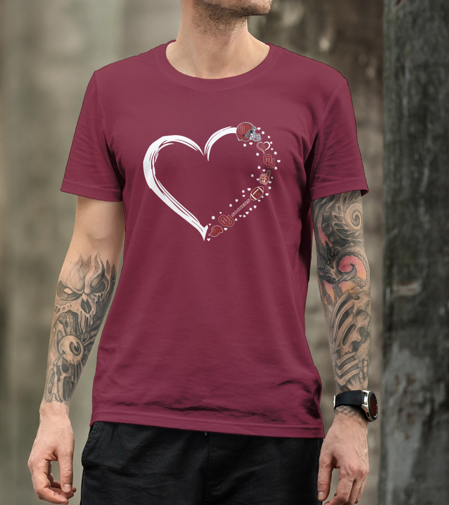 Oklahoma Sooners Heart Design With Helmets And Footballs T-Shirt