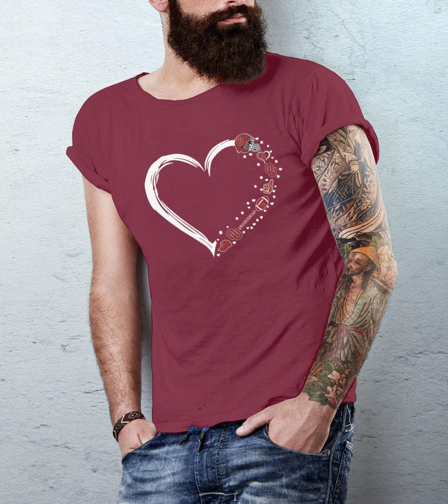 Oklahoma Sooners Heart Design With Helmets And Footballs T-Shirt
