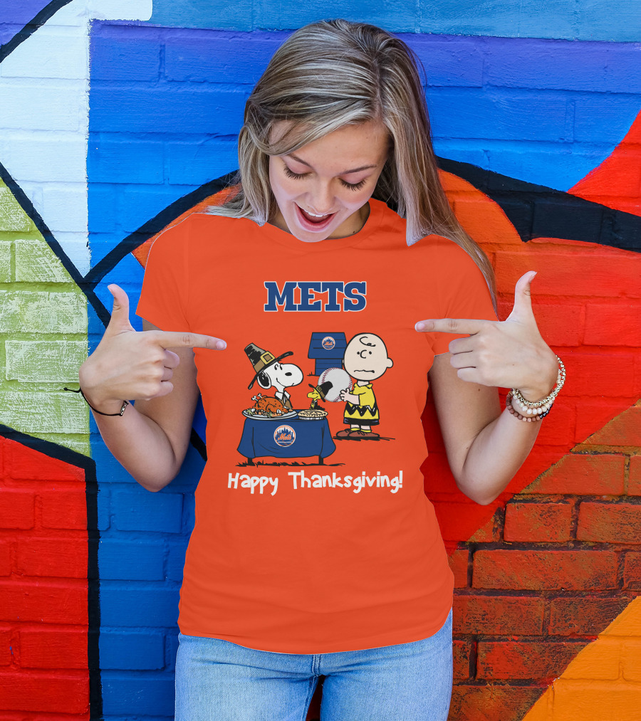 Mets Snoopy Charlie Brown Happy Thanksgiving Baseball Feast T-Shirt