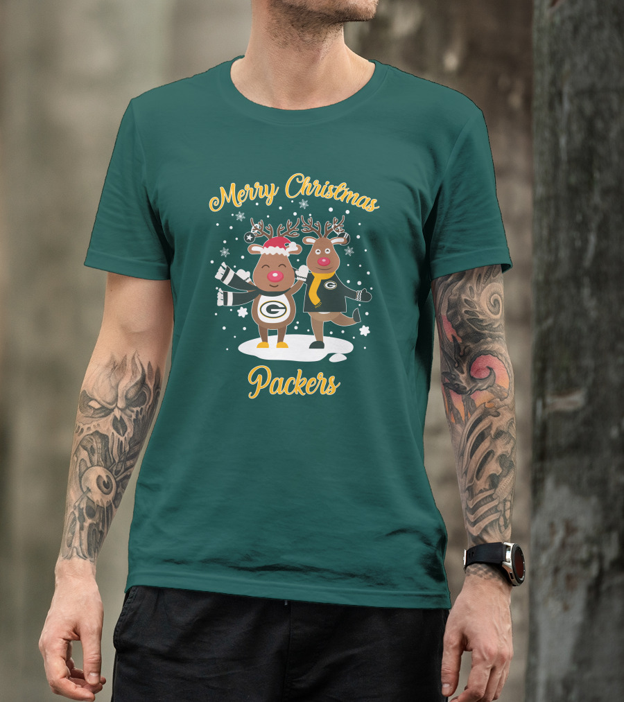 Merry Christmas Packers Reindeer With Green Bay Logo Winter Scene T-Shirt