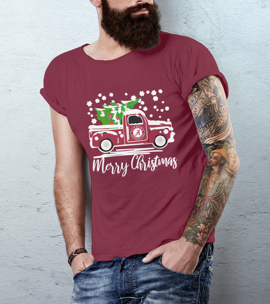 Merry Christmas Alabama Crimson Tide Vintage Truck Snowy Tree T-Shirt