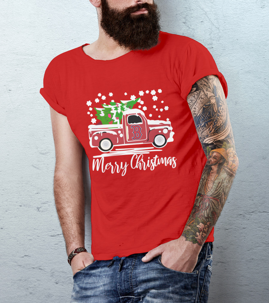 Boston Red Sox B Vintage Car Merry Christmas Tree Snowflakes T-Shirt