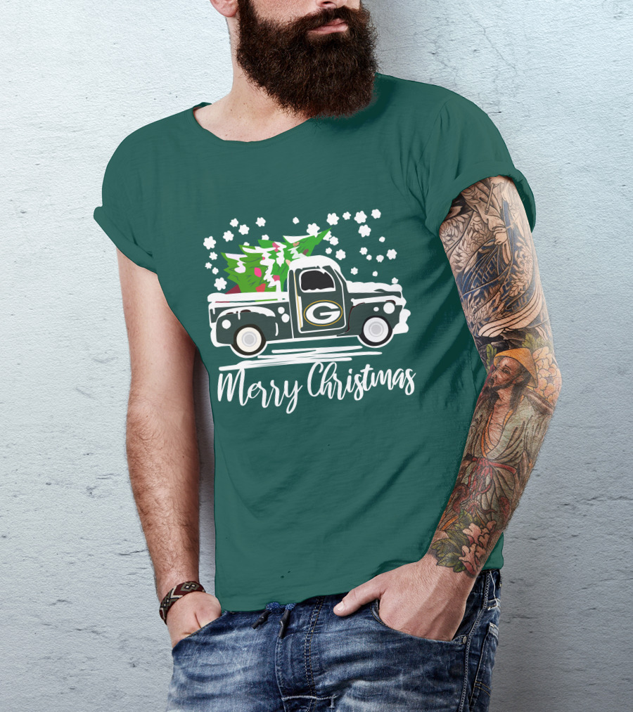 Green Bay Packers Vintage Truck With Christmas Tree Merry Christmas T-Shirt