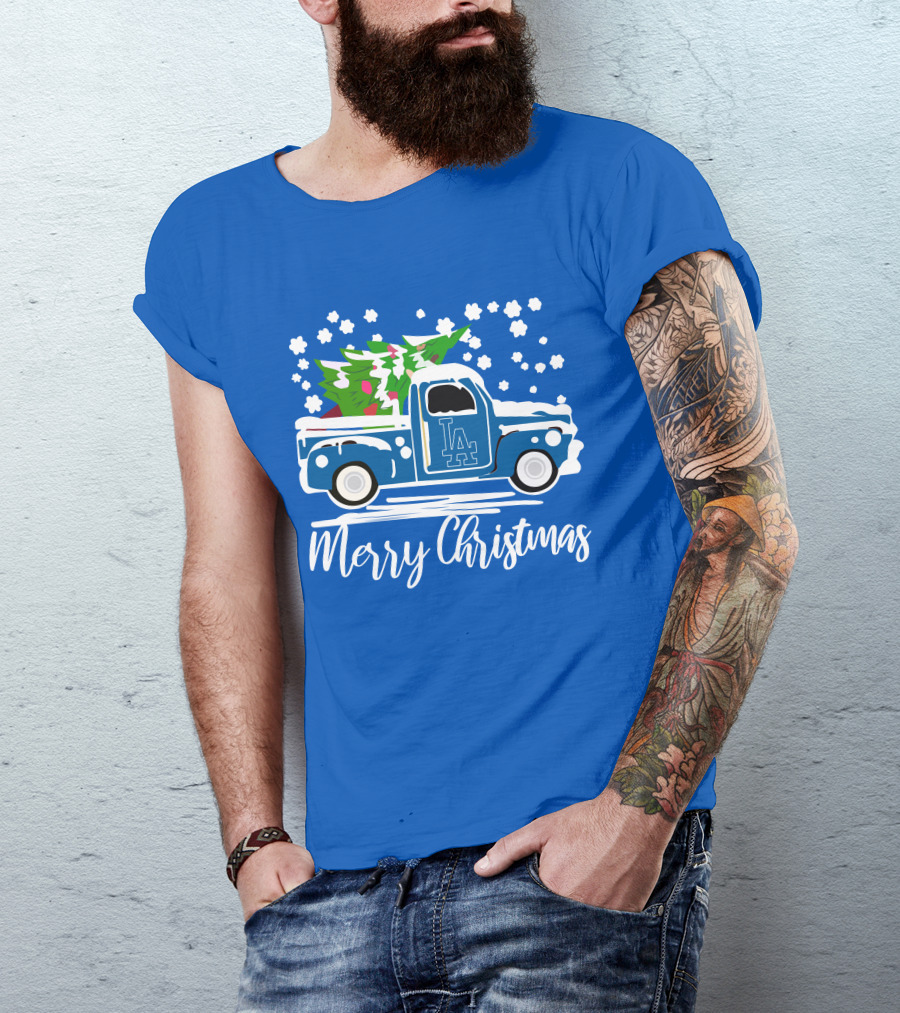 Los Angeles Dodgers LA Vintage Car Merry Christmas Snowflakes Tree T-Shirt