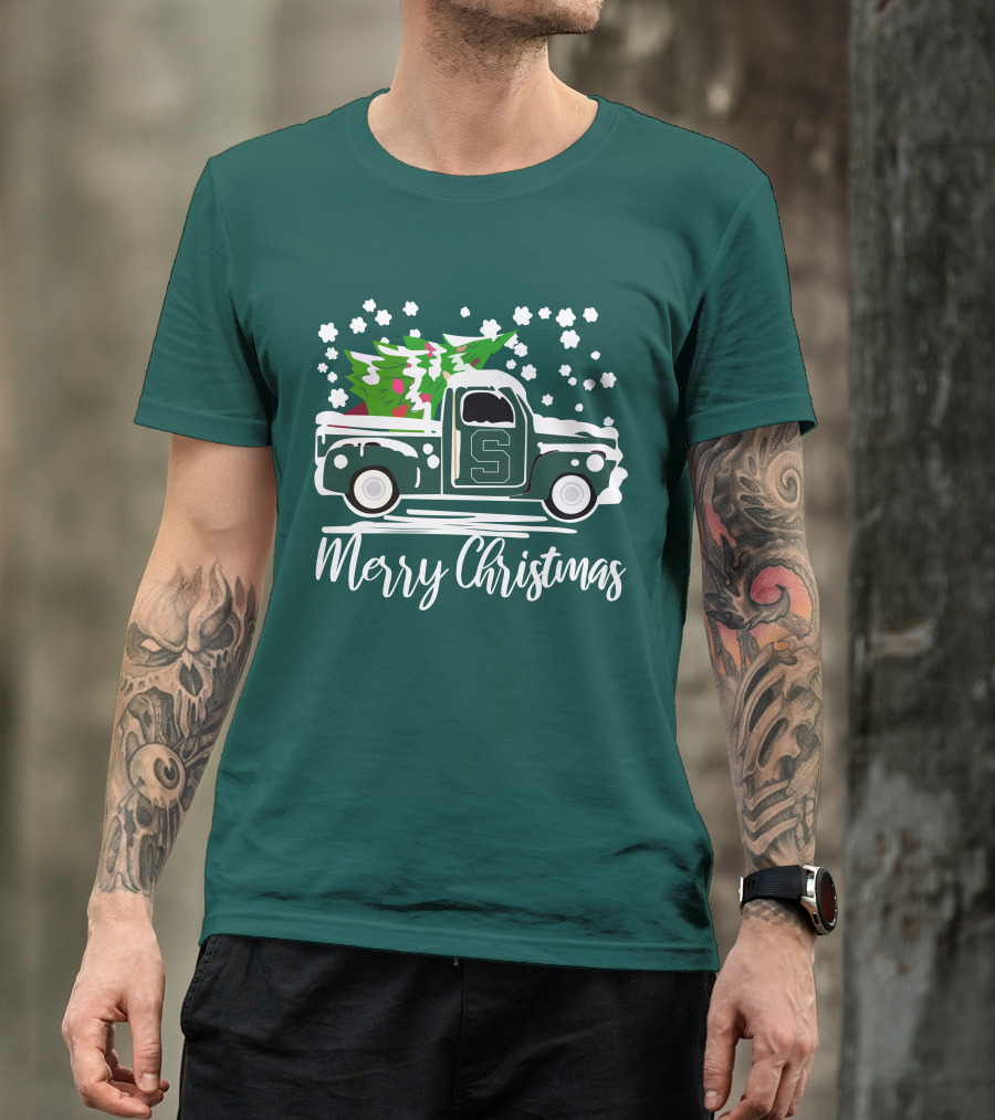 Merry Christmas Michigan State Spartans Vintage Car With Christmas Tree T-Shirt