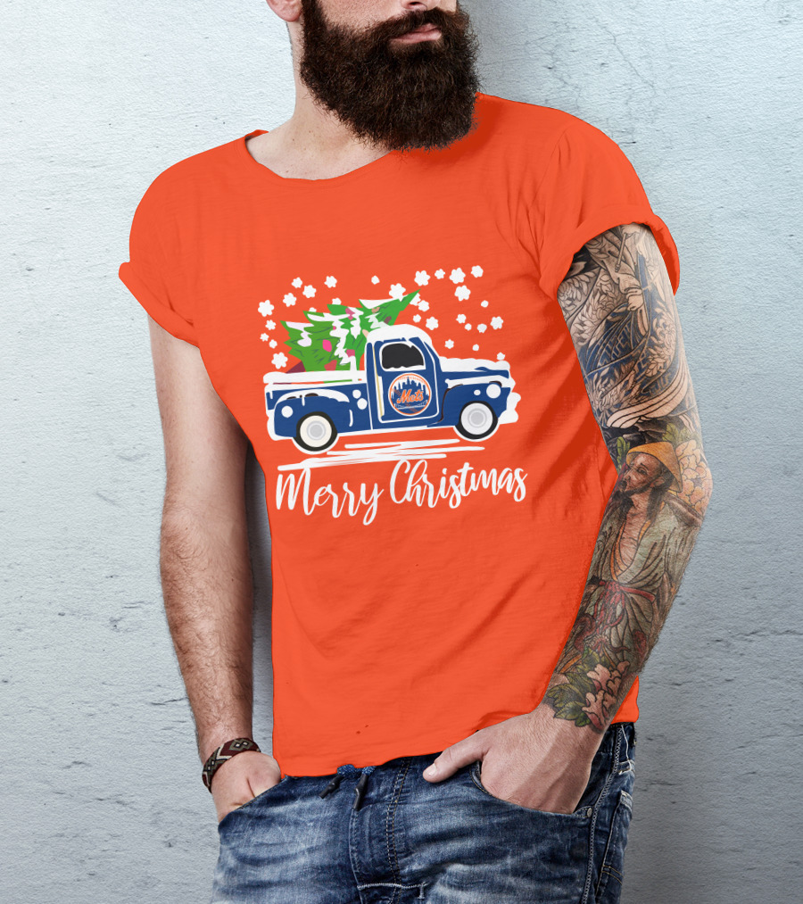 New York Mets Vintage Truck Merry Christmas Snowflakes T-Shirt