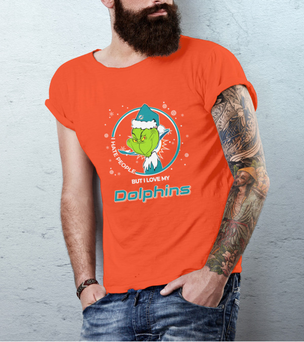Christmas Grinch Santa I Hate People But I Love My Dolphins Miami Dolphins T-Shirt