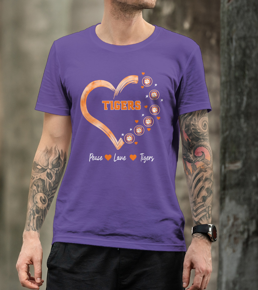 Peace Love Clemson Football Tigers Heart Paw Prints T-Shirt