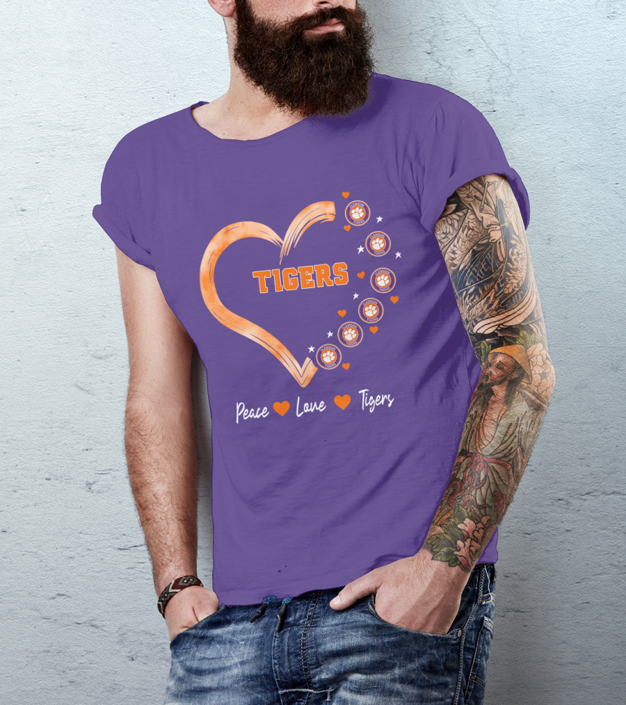Peace Love Clemson Football Tigers Heart Paw Prints T-Shirt