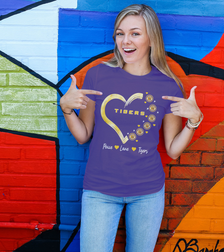 Peace Love LSU Tigers Heart Design With Logo Elements T-Shirt