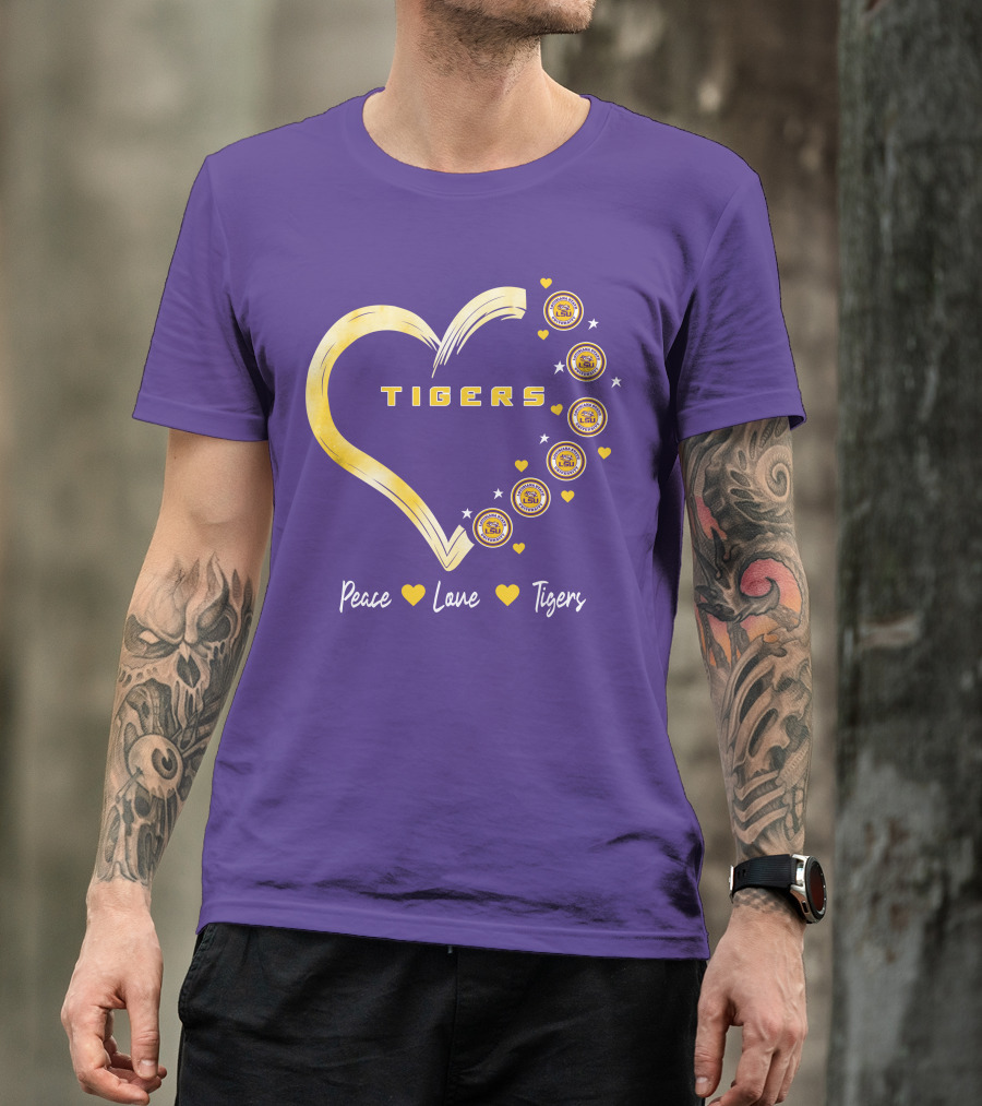 Peace Love LSU Tigers Heart Design With Logo Elements T-Shirt