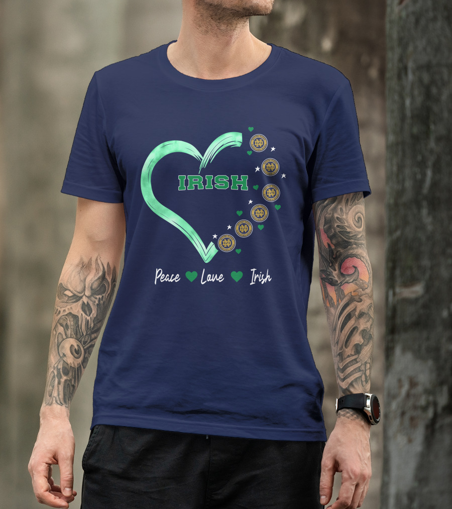 Peace Love Irish Notre Dame Fighting Irish Logos And Heart T-Shirt
