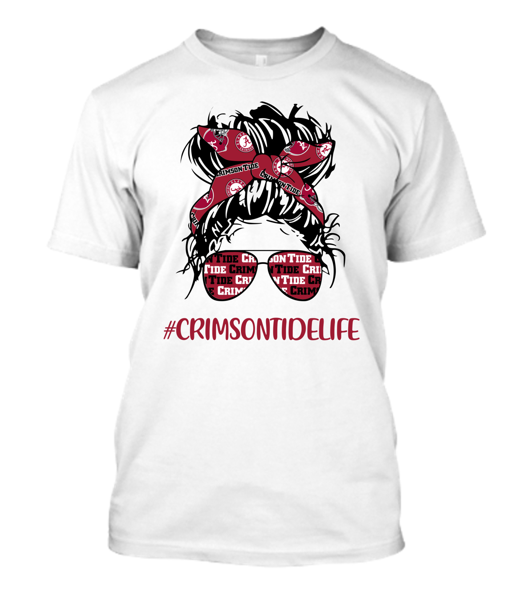 CrimsonTideLife Alabama Crimson Tide Messy Bun Girl Headband Glasses T-Shirt