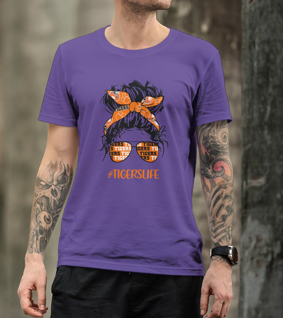 TigersLife Clemson Tigers Messy Bun Girl With Headband And Glasses T-Shirt