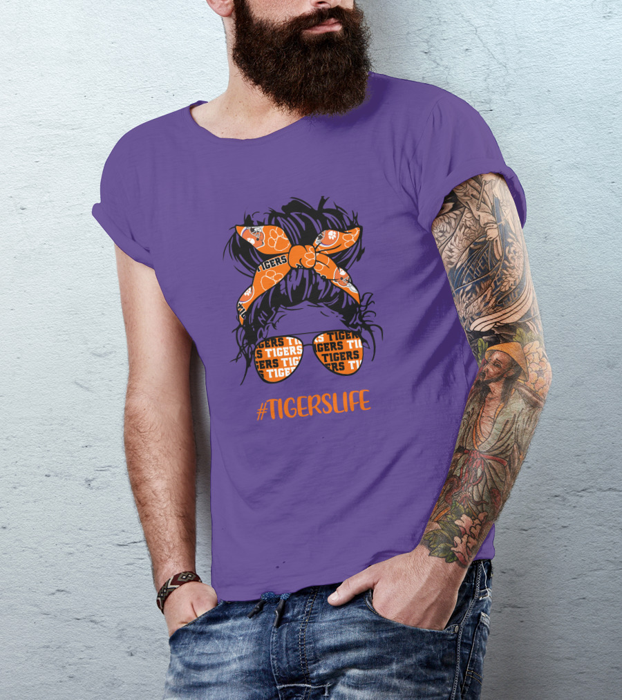 TigersLife Clemson Tigers Messy Bun Girl With Headband And Glasses T-Shirt